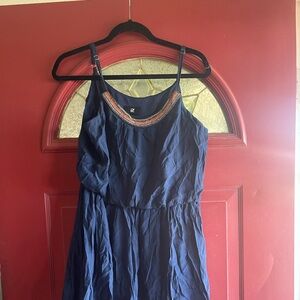 Iz Byer Navy Dress with Colorful Neckline and adjustable straps.